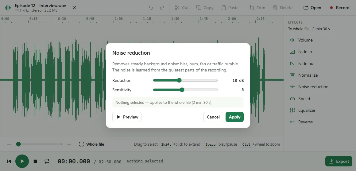 The noise reduction dialog