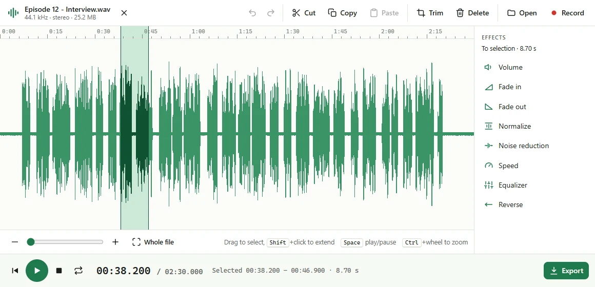 The Voicecut editor with a podcast waveform and a selected phrase